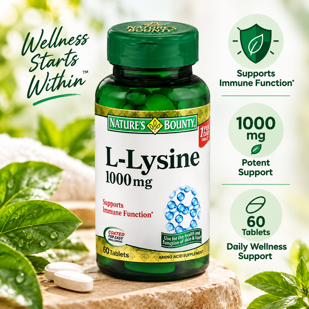 Nature's Bounty L-Lysine 1000 mg Tablets, 60 Count (Pack of 4) Nature's Bounty