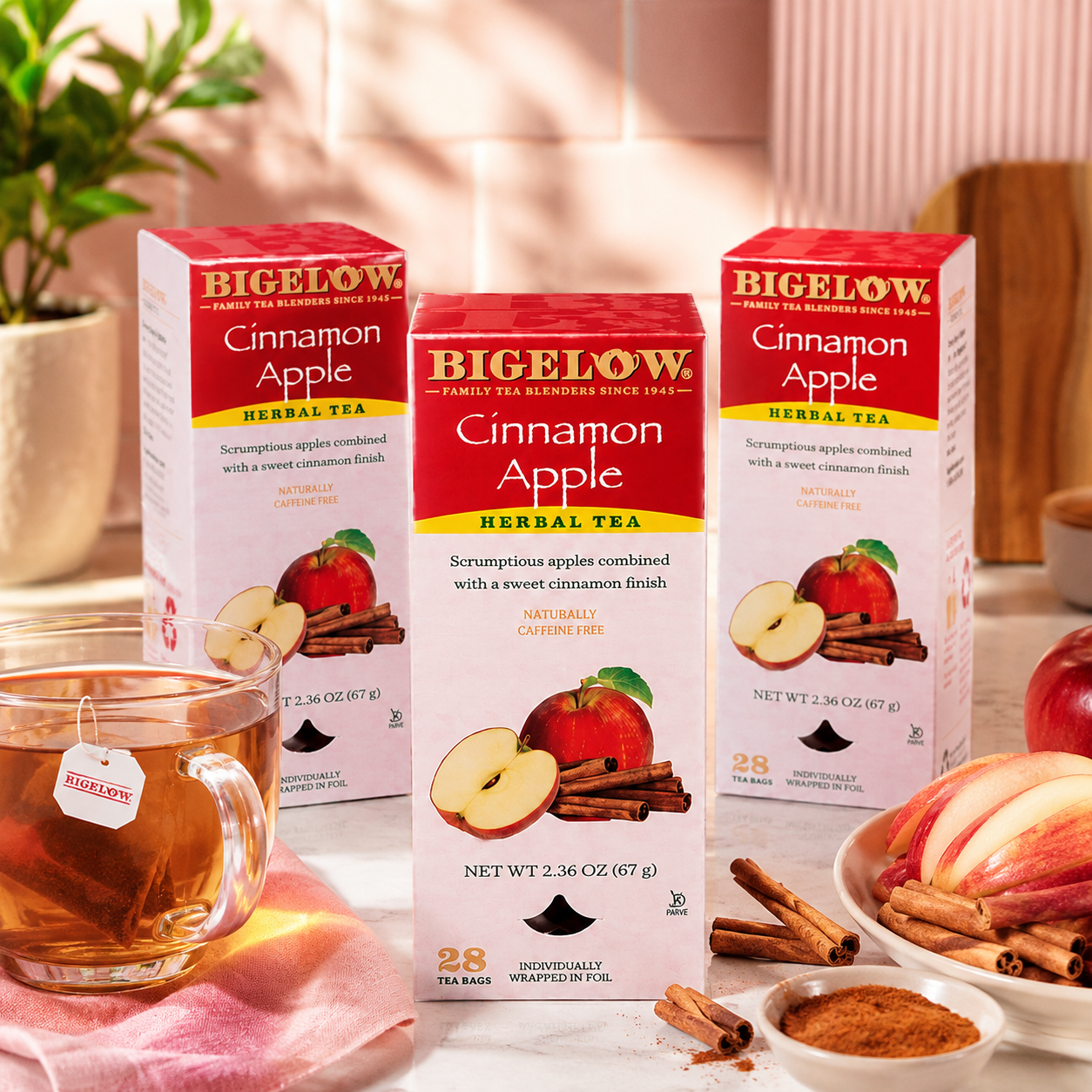 Bigelow Cinnamon Apple Herbal Tea Bags 28-Count Box Cinnamon Apple Hibiscus Flavored Herbal Tea Bags All Natural Non-GMO (Pack of 3)