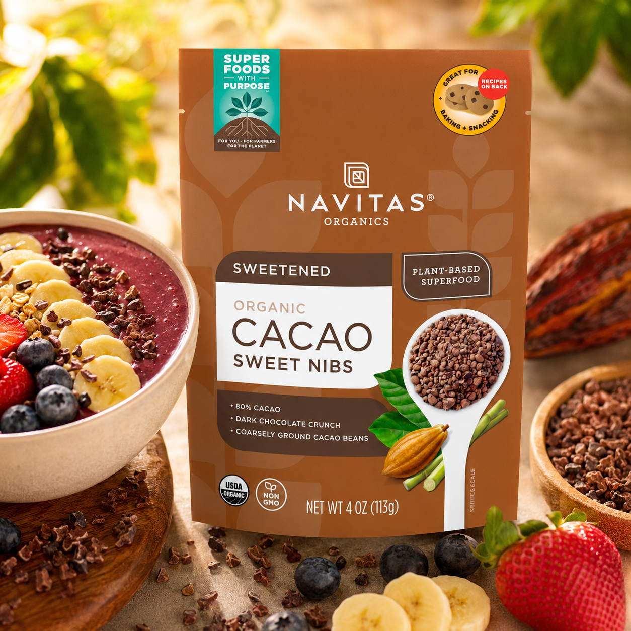 Navitas Organics Cacao Nibs Organic Non-GMO Fair Trade Gluten-Free Sweetened 4 Ounce