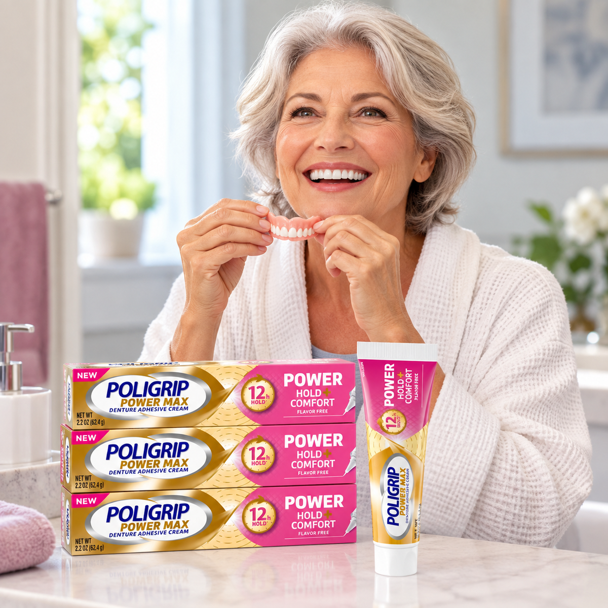 Poligrip Denture Adhesive, Power Max Hold Plus Comfort Denture (Pack of 4) Poligrip