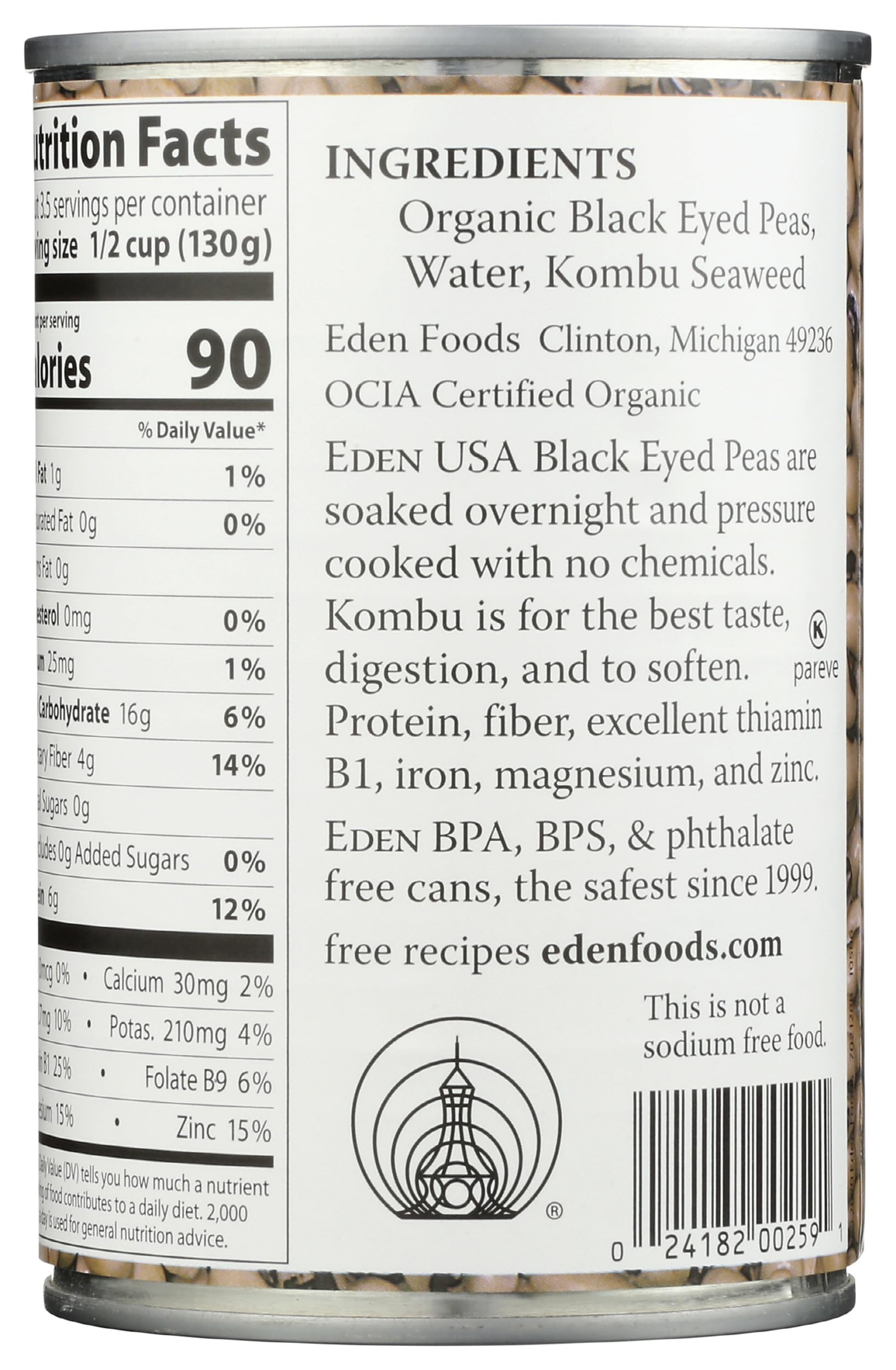 Product image of Eden Organic Black Eyed Peas Can No Salt Non-GMO Gluten Free Vegan Kosher U.S. Grown Heat and Serve No