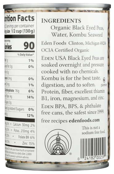 Product image of Eden Organic Black Eyed Peas Can No Salt Non-GMO Gluten Free Vegan Kosher U.S. Grown Heat and Serve No