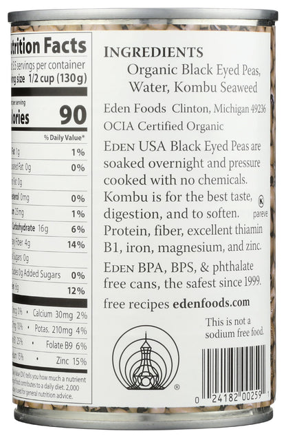 Product image of Eden Organic Black Eyed Peas Can No Salt Non-GMO Gluten Free Vegan Kosher U.S. Grown Heat and Serve No
