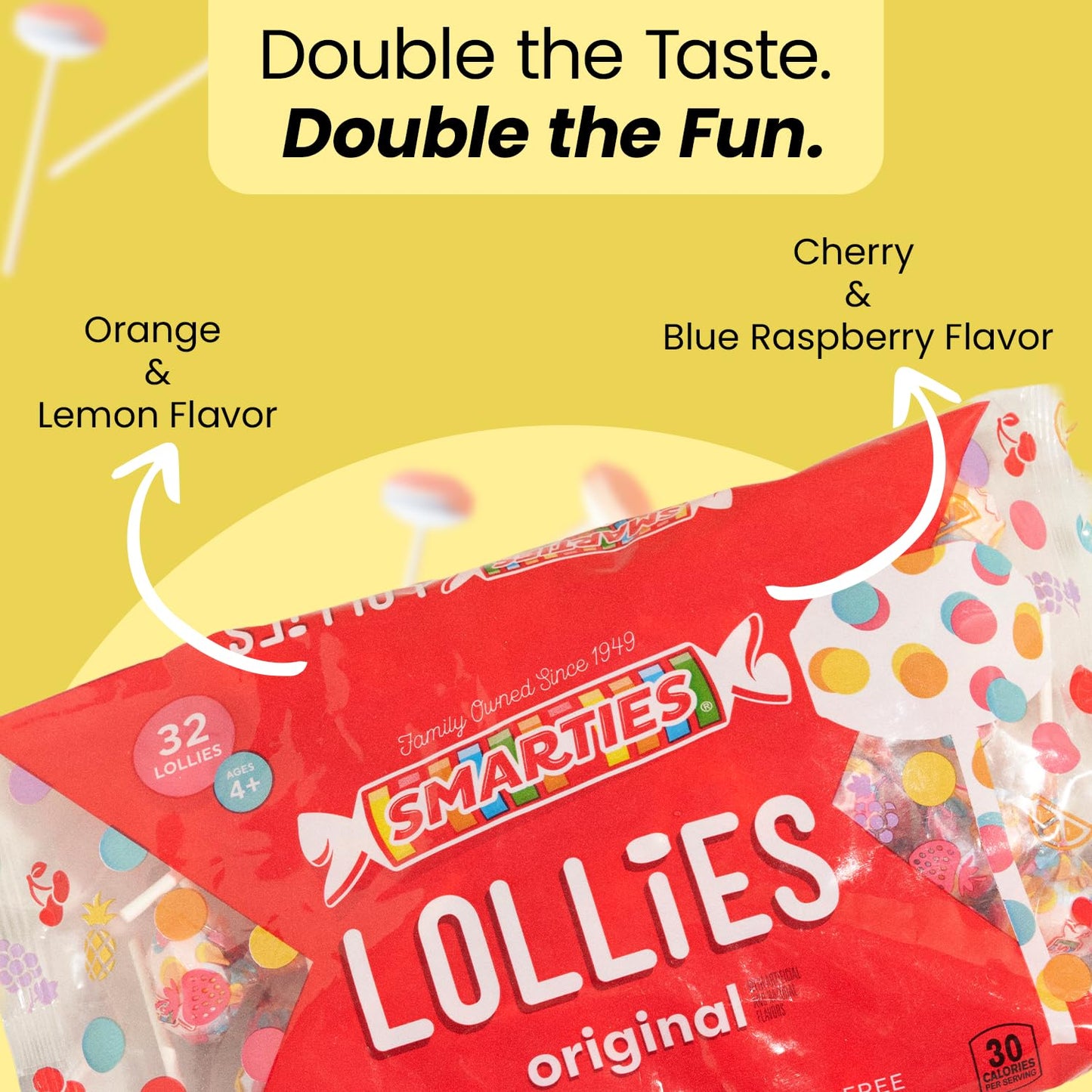 Product image of Smarties Double Lollies Assorted Fruity Flavors Gluten Free Peanut Free Fat Free Low Calorie Perfect for