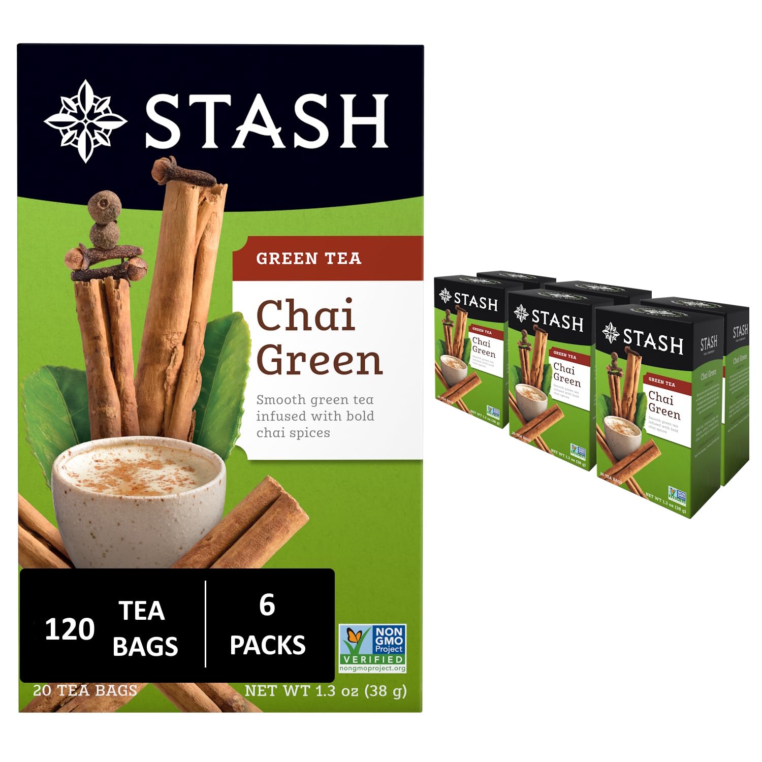 Product image of Stash Tea Chai Green Tea Caffeinated Non-GMO Project Verified Premium Tea No Artificial Ingredients 20 ct