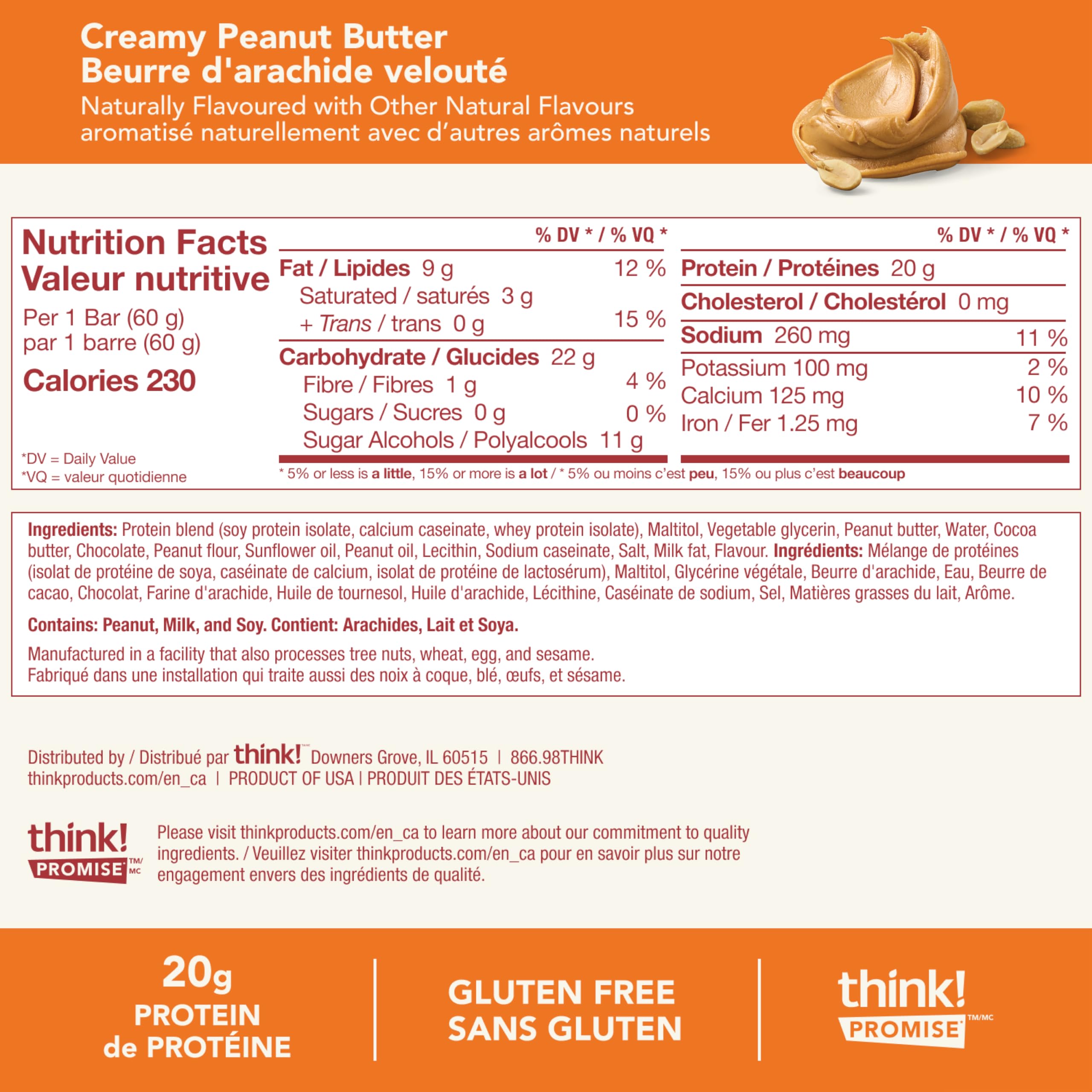 Product image of think! Protein Bars High Protein Snacks Gluten Free Sugar Free Creamy Peanut Butter Nutrition Bars Whey
