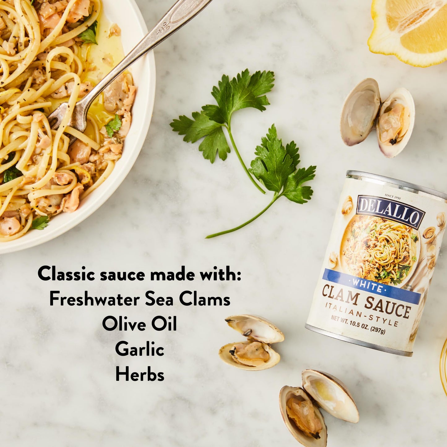 Product image of DeLallo White Clam Sauce Can Made Fresh Sea Clams Authentic Italian Recipe Olive Oil Garlic and Herbs No
