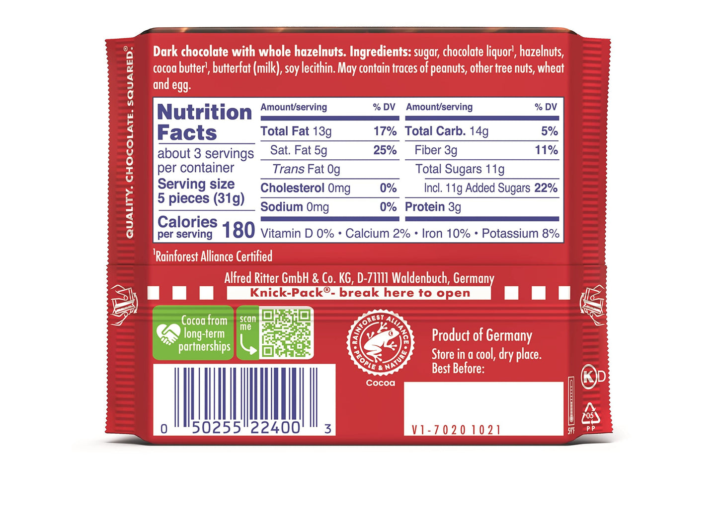 Product image of Ritter Sport Dark Chocolate Hazelnuts 3.5 oz 3.5 oz Pack of 10