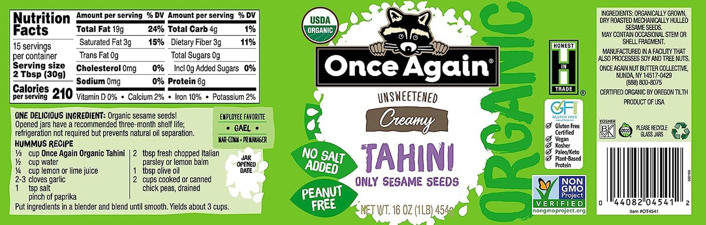 Product image of Once Again Organic Tahini Single Ingredient Vegan Non-GMO Kosher Gluten Free Pure Sesame Seeds Glass Jar 16