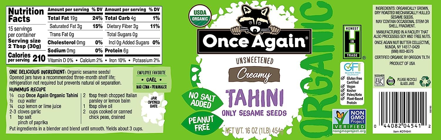 Product image of Once Again Organic Tahini Single Ingredient Vegan Non-GMO Kosher Gluten Free Pure Sesame Seeds Glass Jar 16