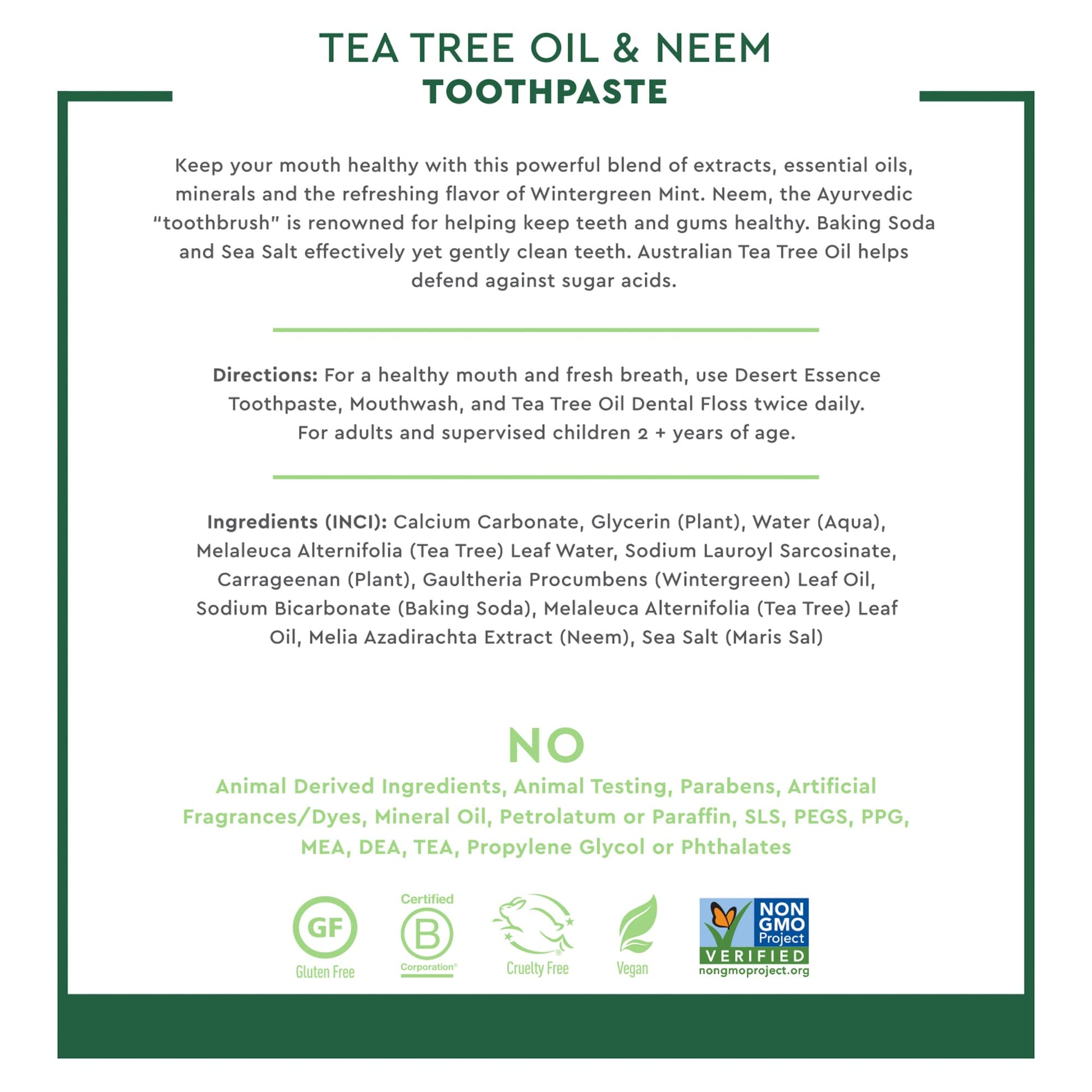 Product image of Desert Essence Tea Tree Oil and Neem Toothpaste Paste Oral Care Wintergreen Adult Fluoride Free Natural