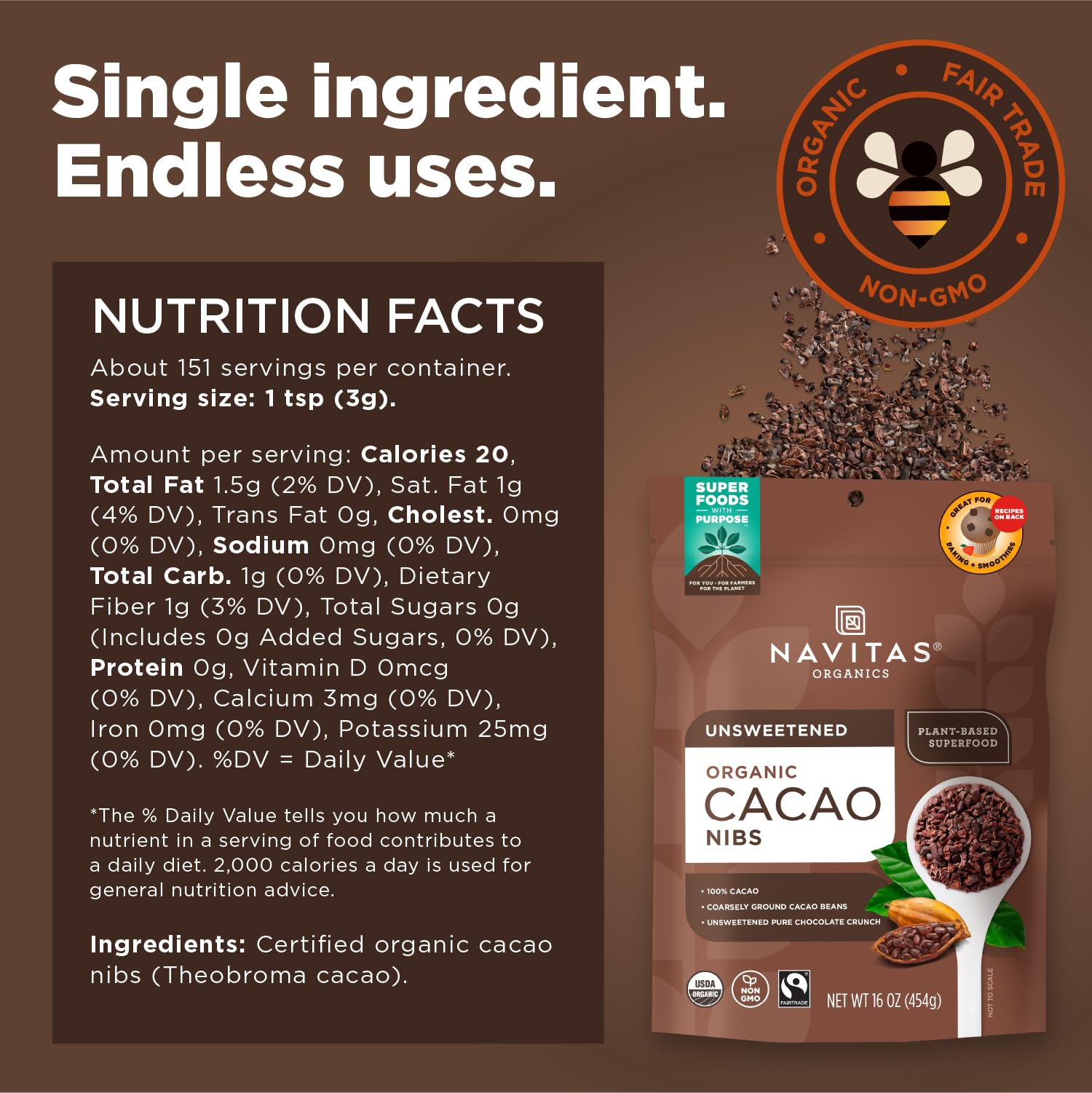 Product image of Navitas Organics Raw Cacao Nibs Organic Non-GMO Fair Trade Gluten-Free Bag 15 Servings 16 oz 16 oz Pack of 2