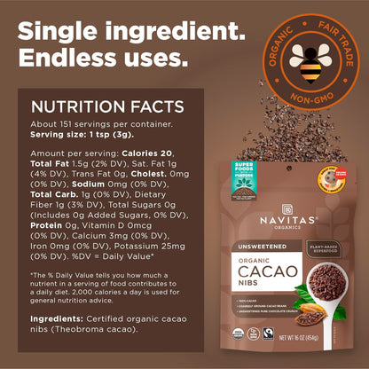 Product image of Navitas Organics Raw Cacao Nibs Organic Non-GMO Fair Trade Gluten-Free Bag 15 Servings 16 oz 16 oz Pack of 2