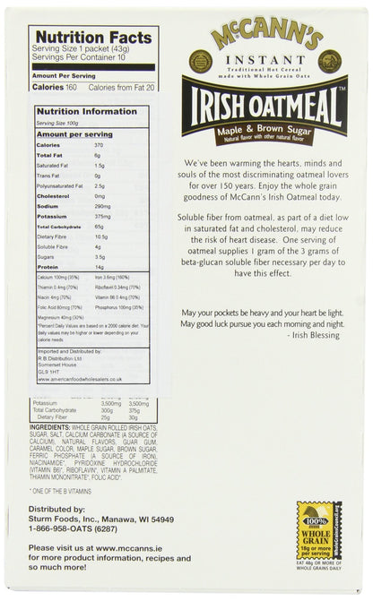 Product image of McCann's Irish Oatmeal Instant Oatmeal Maple and Brown Sugar Flavor 10 ct Boxes Pack of 6