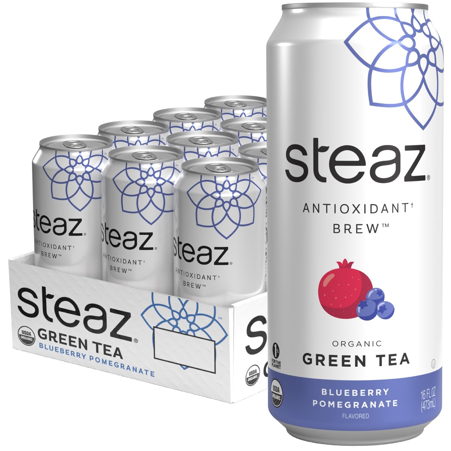 Product image of Steaz Organic Green Tea Blueberry Pomegranate Antioxidant Brew Natural Caffeine 90 Calories Vitamin C Cane