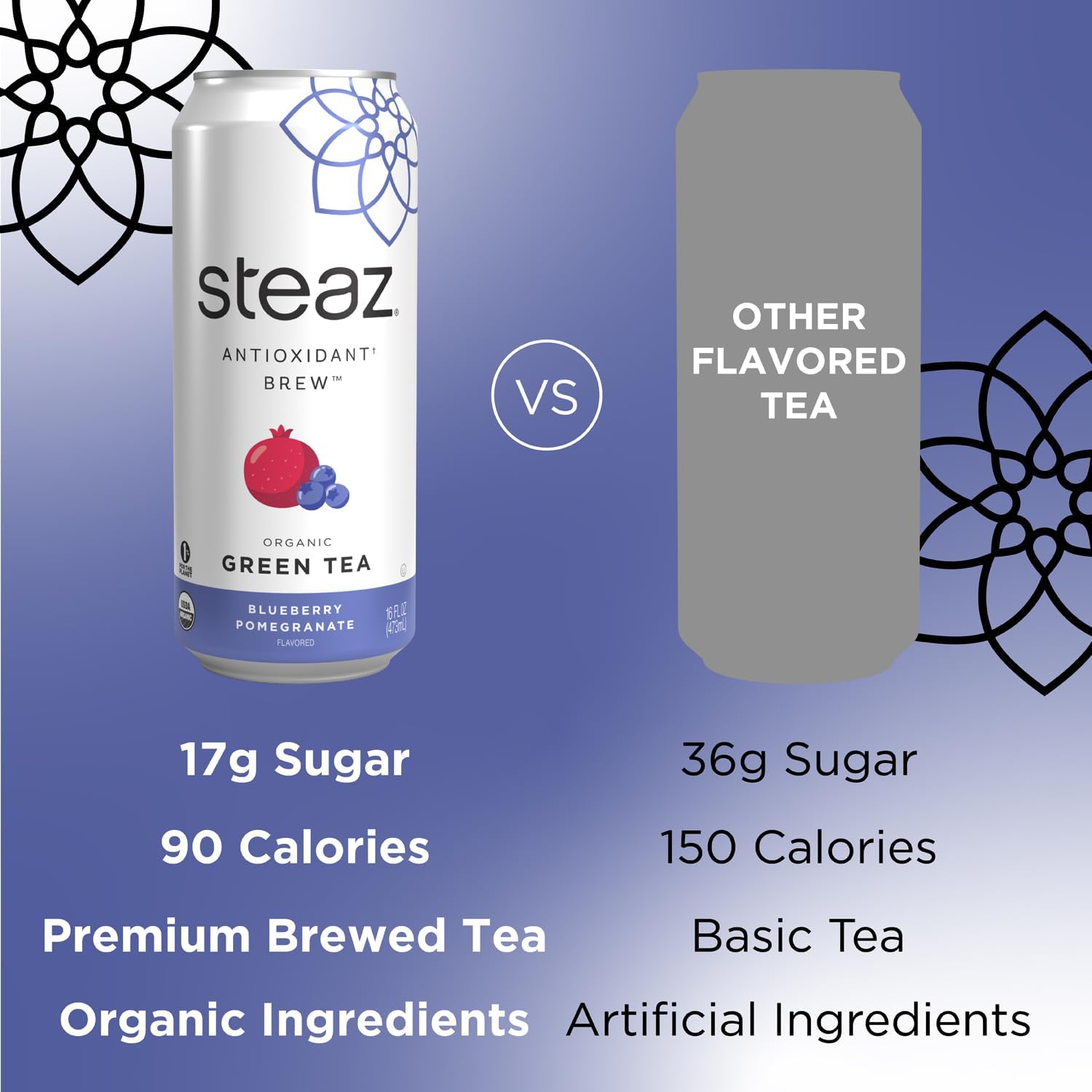 Product image of Steaz Organic Green Tea Blueberry Pomegranate Antioxidant Brew Natural Caffeine 90 Calories Vitamin C Cane
