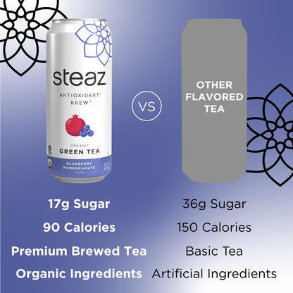 Product image of Steaz Organic Green Tea Blueberry Pomegranate Antioxidant Brew Natural Caffeine 90 Calories Vitamin C Cane