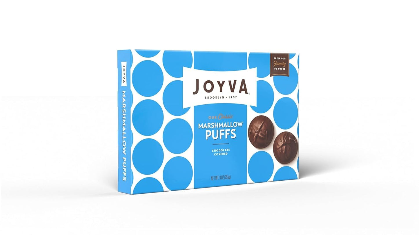 Product image of Joyva Marshmallow Puffs Dark Chocolate Coating Box Kosher Parve Dairy Free Gluten Free Soy Free Preservative