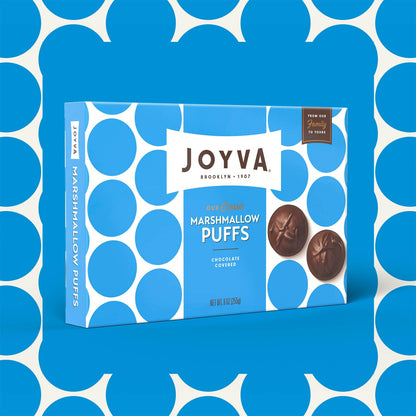 Product image of Joyva Marshmallow Puffs Dark Chocolate Coating Box Kosher Parve Dairy Free Gluten Free Soy Free Preservative