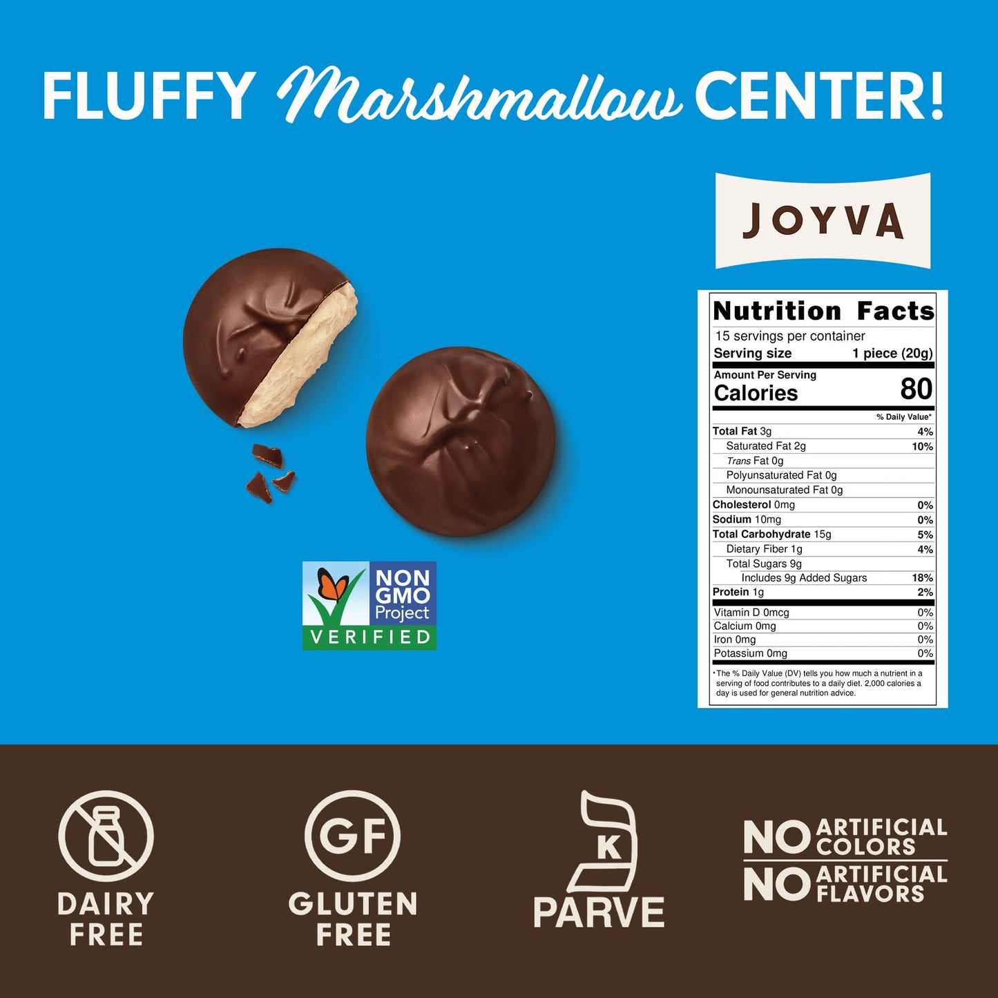 Product image of Joyva Marshmallow Puffs Dark Chocolate Coating Box Kosher Parve Dairy Free Gluten Free Soy Free Preservative