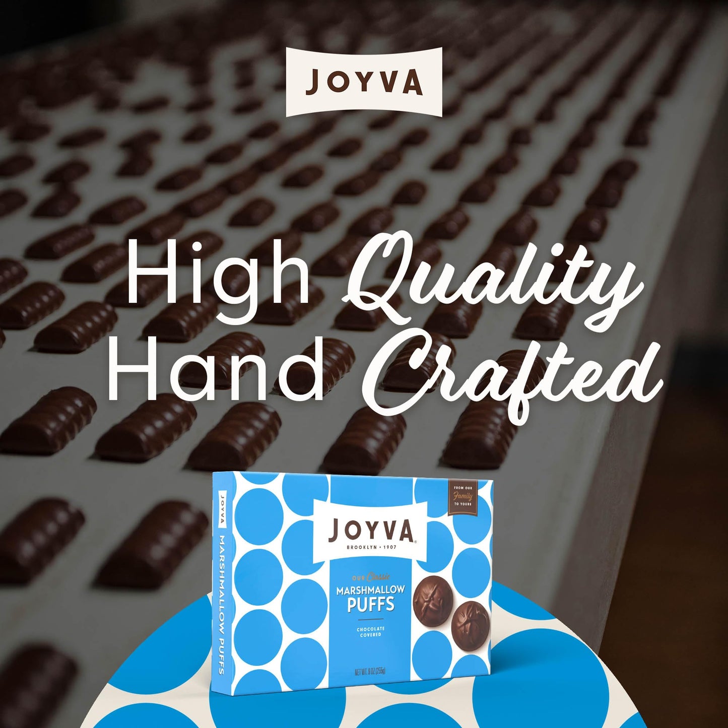 Product image of Joyva Marshmallow Puffs Dark Chocolate Coating Box Kosher Parve Dairy Free Gluten Free Soy Free Preservative