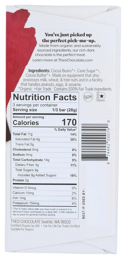 Product image of THEO Pure Organic Dark Chocolate Bar 70% Cacao 1 Bar Vegan Fair Trade