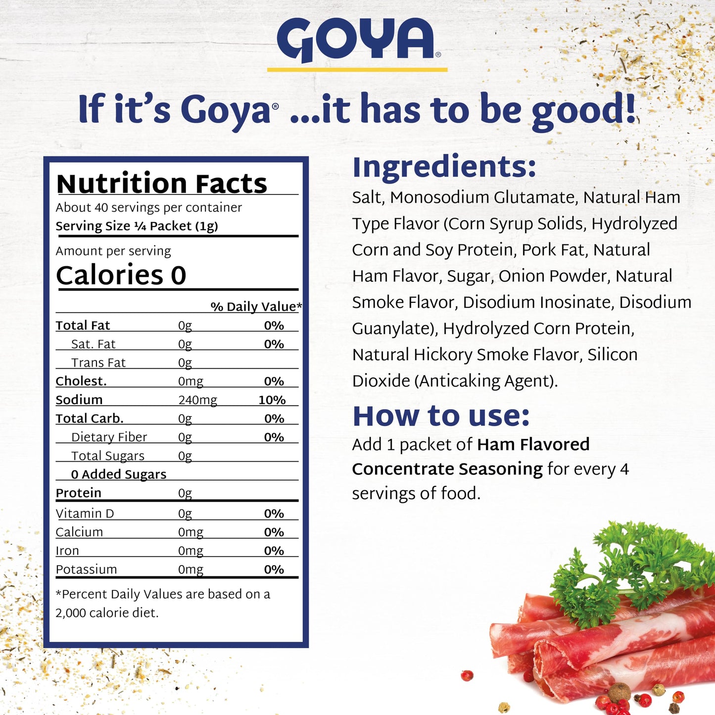 Product image of Goya Ham Base Concentrate Seasoning Ham Bouillon for Beans Soup Poultry Seafood Meat and Vegetables Packets