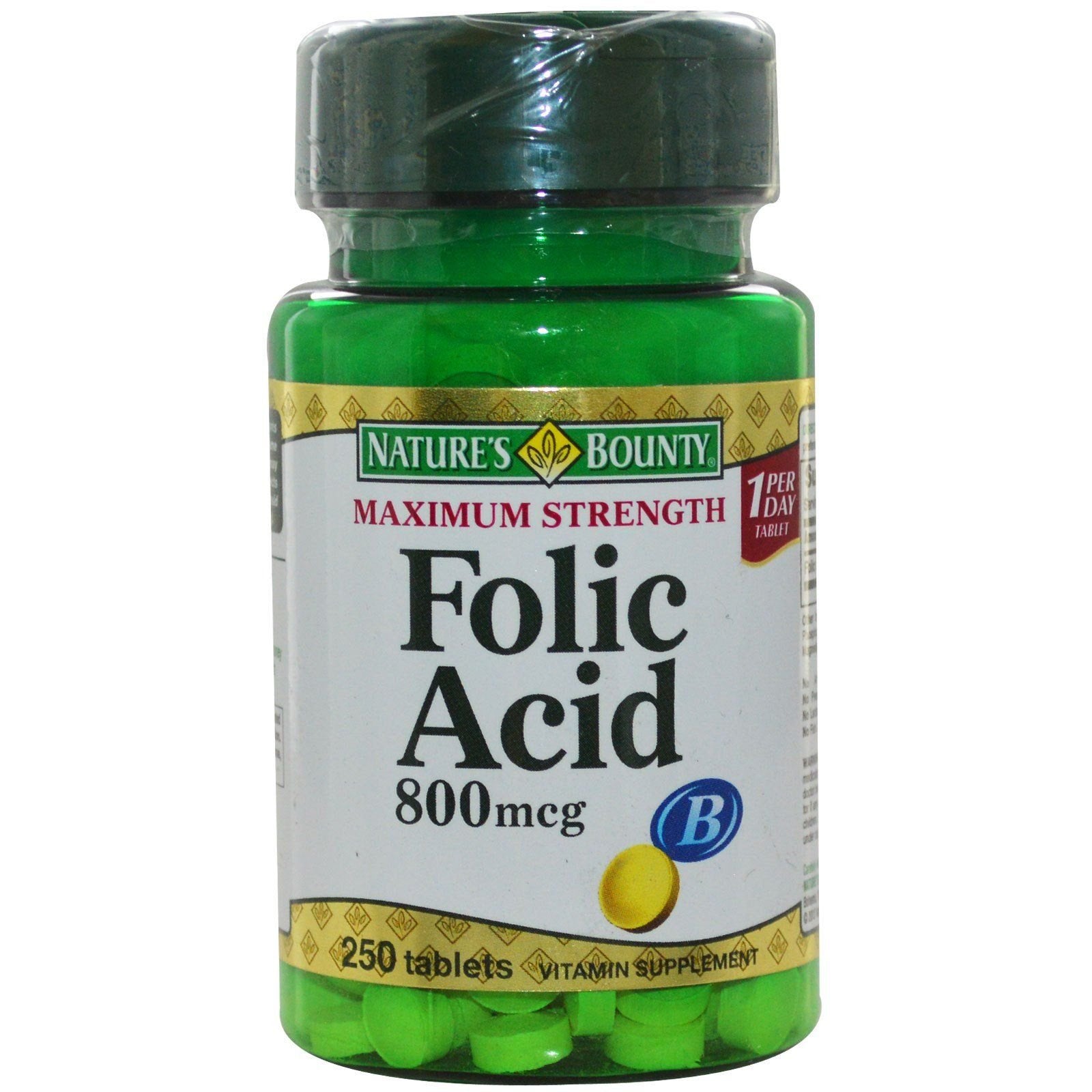 Product image of Nature's Bounty Folic Acid Tablets Maximum Strength 800 mcg 250 ct Pack of 5