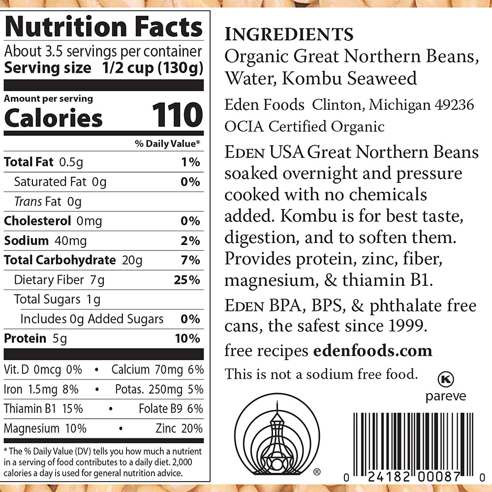 Product image of Eden Organic Great Northern Beans Can No Salt Non-GMO Gluten Free Vegan Kosher U.S. Grown Heat and Serve 15
