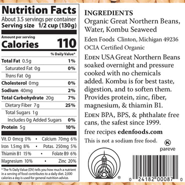 Product image of Eden Organic Great Northern Beans Can No Salt Non-GMO Gluten Free Vegan Kosher U.S. Grown Heat and Serve 15