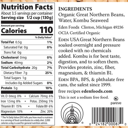 Product image of Eden Organic Great Northern Beans Can No Salt Non-GMO Gluten Free Vegan Kosher U.S. Grown Heat and Serve 15