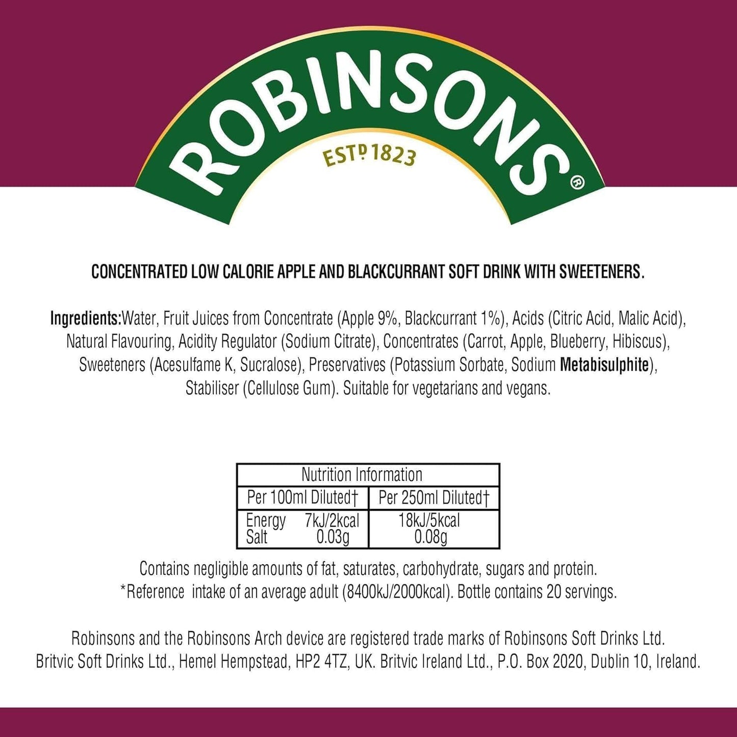 Product image of Robinsons Fruit Drink Apple and Blackcurrant No Added Sugar 1-Liter Plastic Bottles Pack of 4