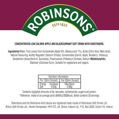 Product image of Robinsons Fruit Drink Apple and Blackcurrant No Added Sugar 1-Liter Plastic Bottles Pack of 4