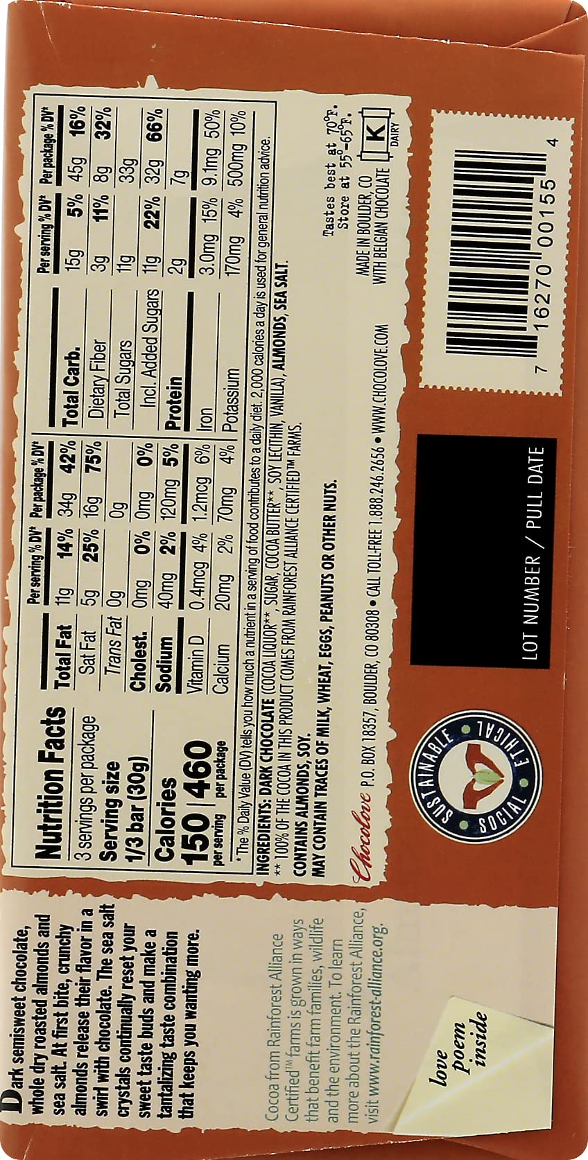 Product image of Chocolove Almonds Seasalt in Dark Chocolate 3.2-ozs Pack of 6