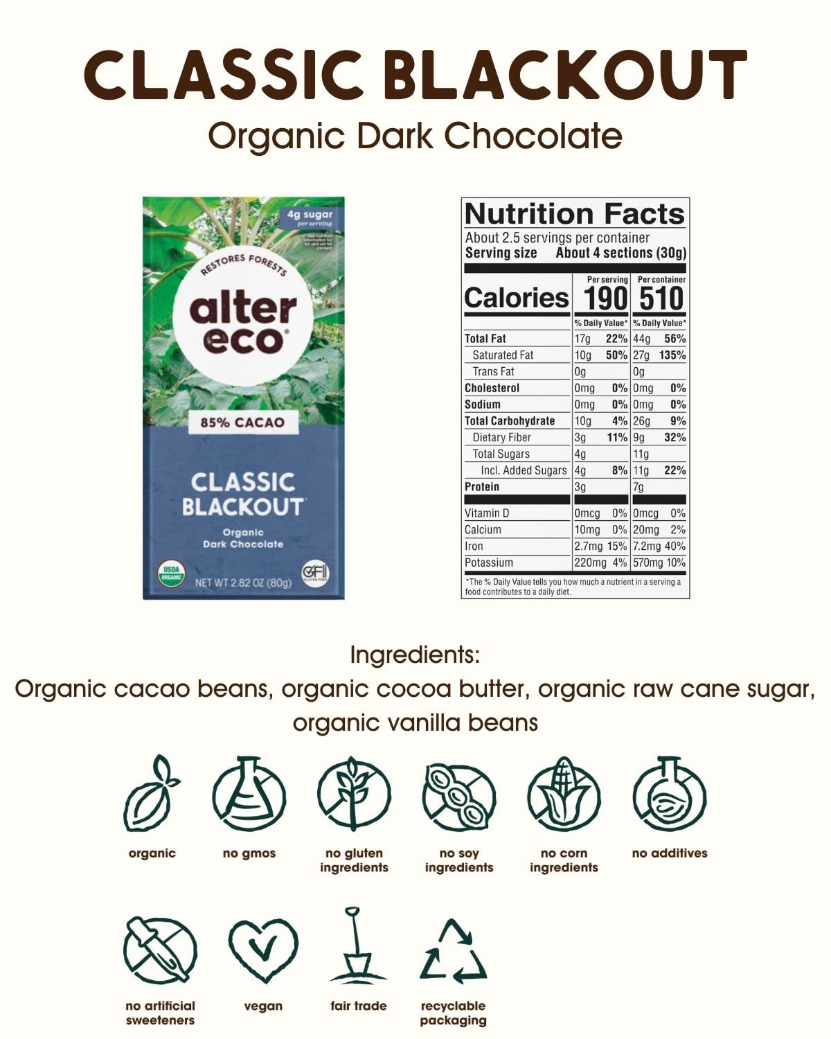 Product image of Alter Eco Classic Blackout 85% Pure Dark Cocoa Dark Chocolate Bar Fair Trade Organic Non-GMO Gluten Free