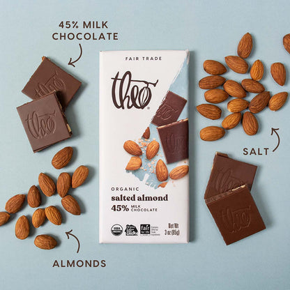 Product image of Theo Chocolate Salted Almond Organic Milk Chocolate Bar 45% Cacao Fair Trade Pack of 6