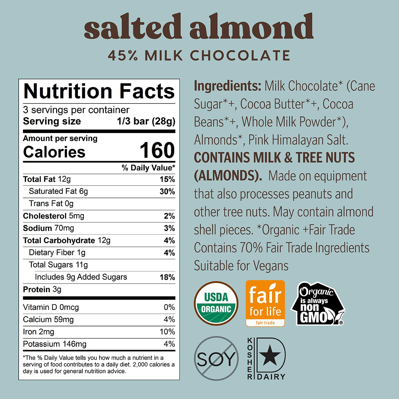 Product image of Theo Chocolate Salted Almond Organic Milk Chocolate Bar 45% Cacao Fair Trade Pack of 6