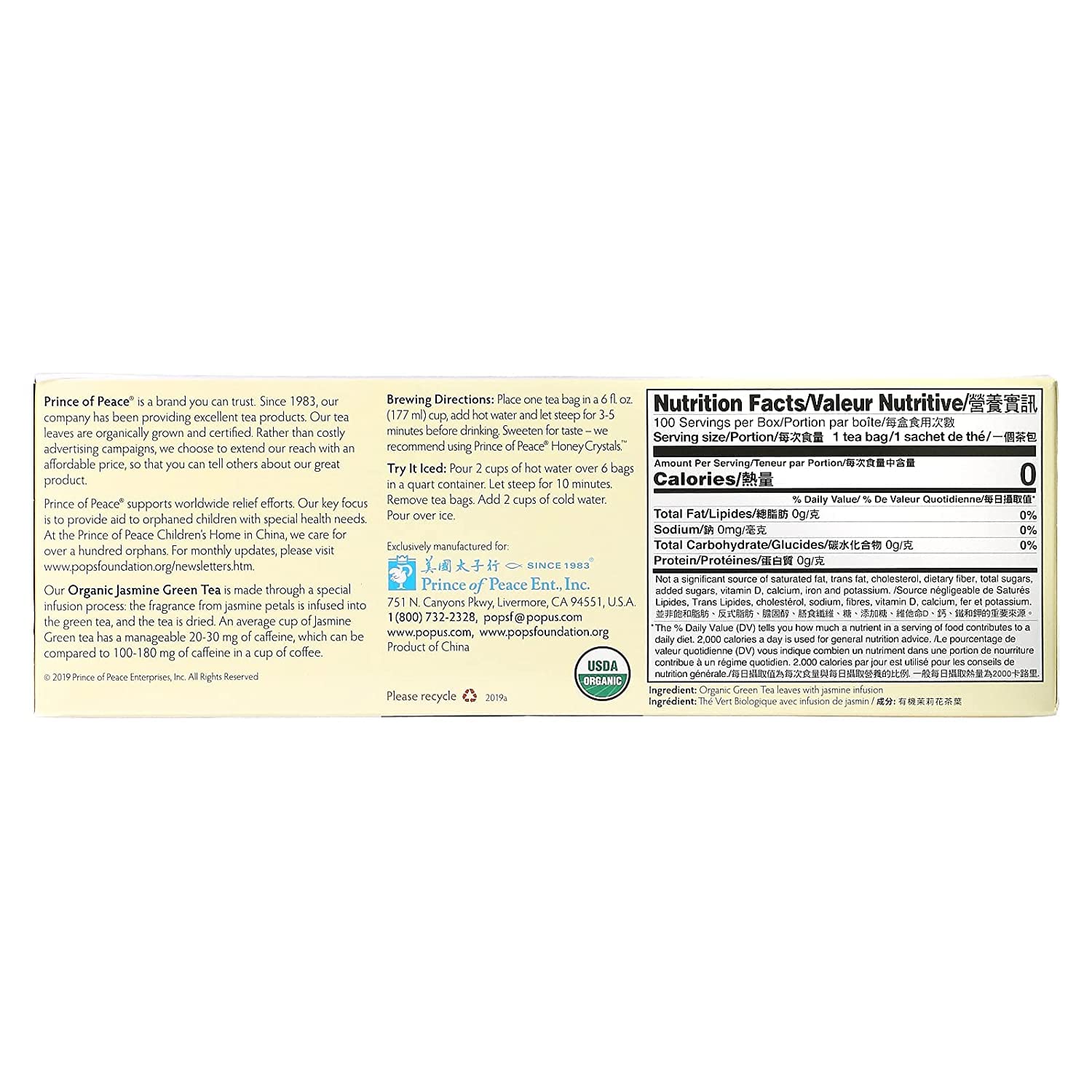 Product image of Prince of Peace Organic Jasmine Green Tea 100 Tea Bags