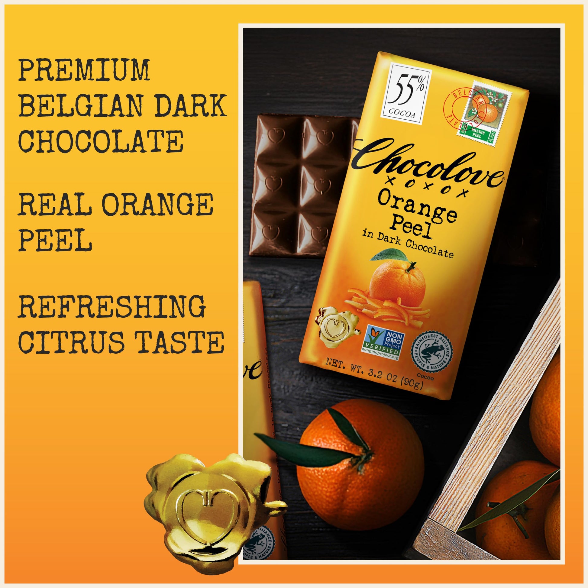 Product image of Chocolove Orange Peel Dark Chocolate Bars 55% Cocoa Premium Belgian Dark Chocolate Non GMO Rainforest