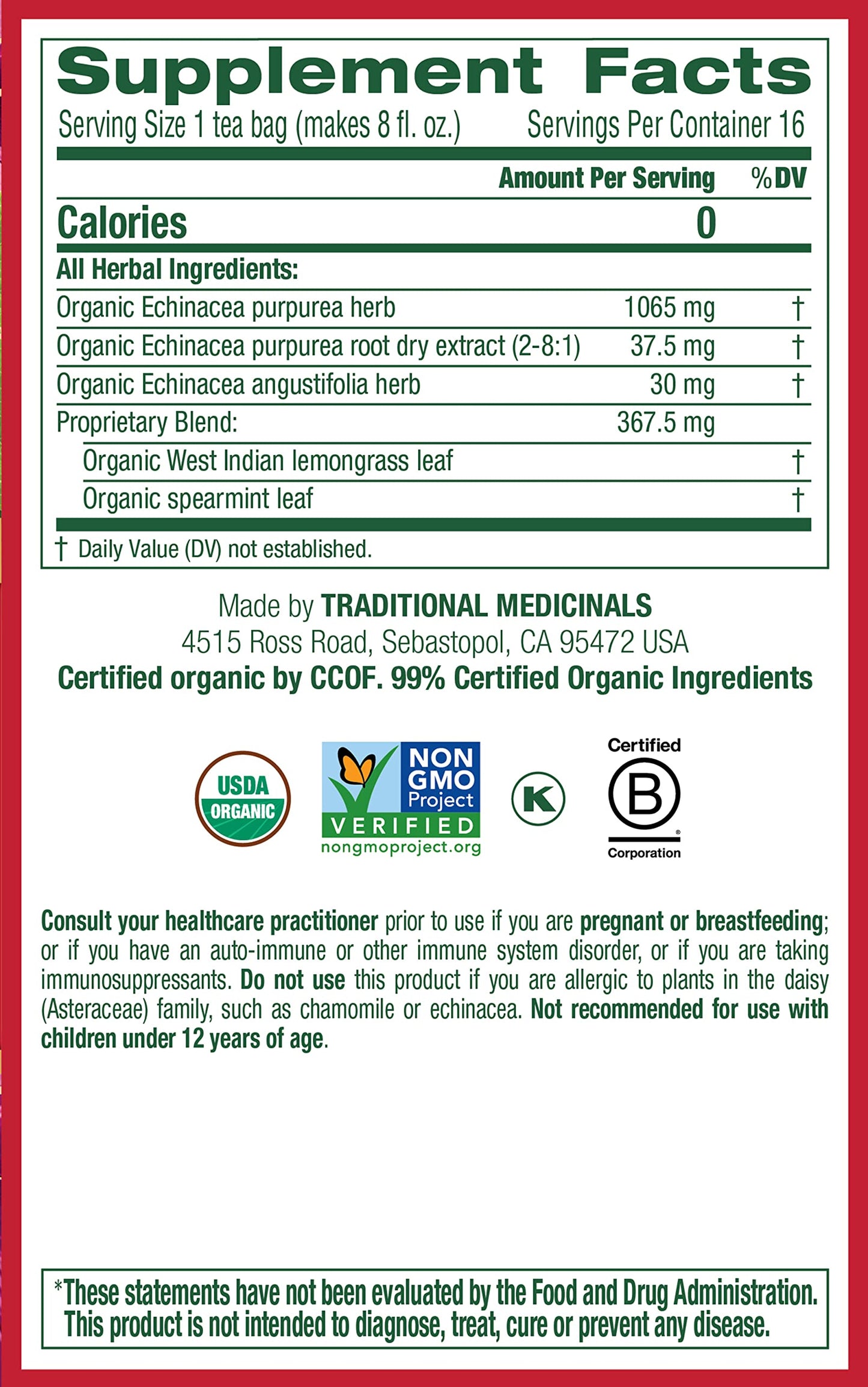 Product image of Traditional Medicinals Organic Echinacea Plus Spearmint Herbal Tea Immune Function Support 48 Tea Bags Total