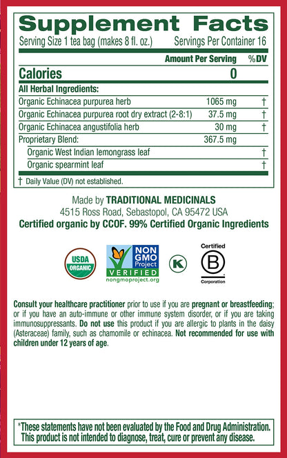 Product image of Traditional Medicinals Organic Echinacea Plus Spearmint Herbal Tea Immune Function Support 48 Tea Bags Total