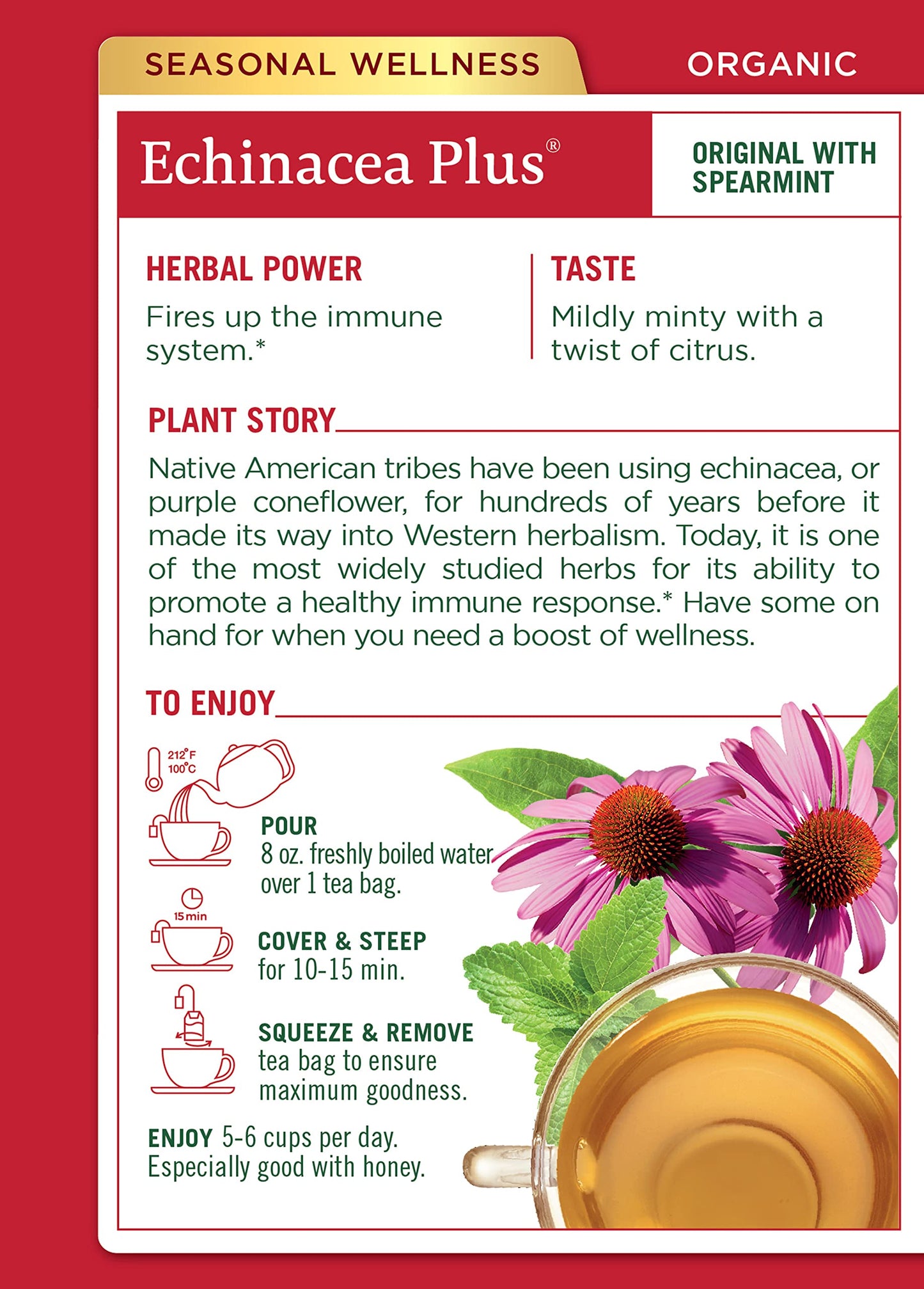 Product image of Traditional Medicinals Organic Echinacea Plus Spearmint Herbal Tea Immune Function Support 48 Tea Bags Total