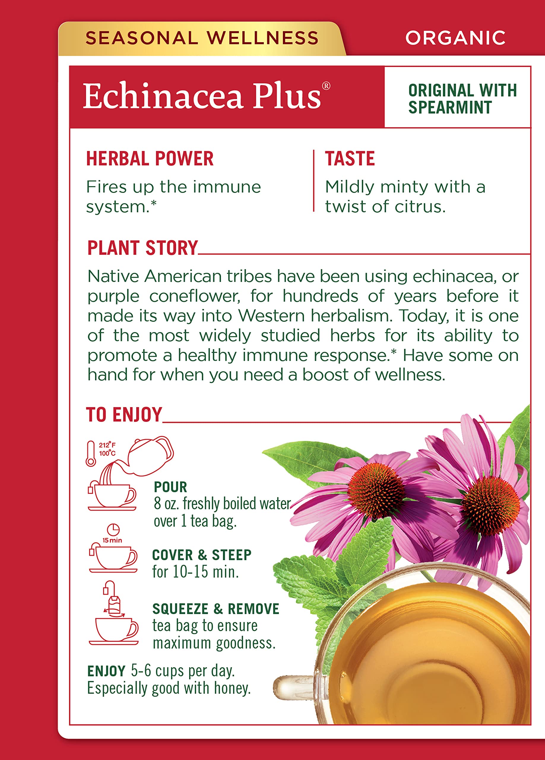 Product image of Traditional Medicinals Organic Echinacea Plus Spearmint Herbal Tea Immune Function Support 48 Tea Bags Total