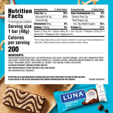Product image of CLIF Bar LUNA BAR Gluten Free Snack Bars Chocolate Dipped Coconut Flavor Protein Non-GMO Plant-Based