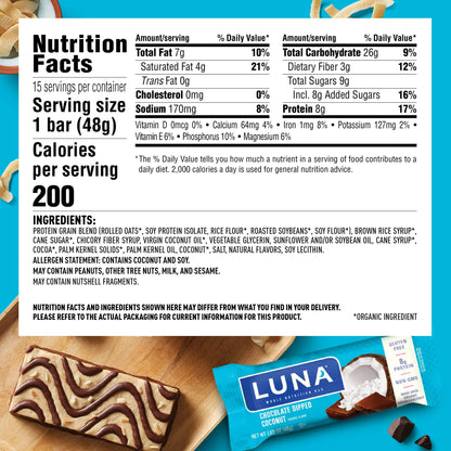 Product image of CLIF Bar LUNA BAR Gluten Free Snack Bars Chocolate Dipped Coconut Flavor Protein Non-GMO Plant-Based
