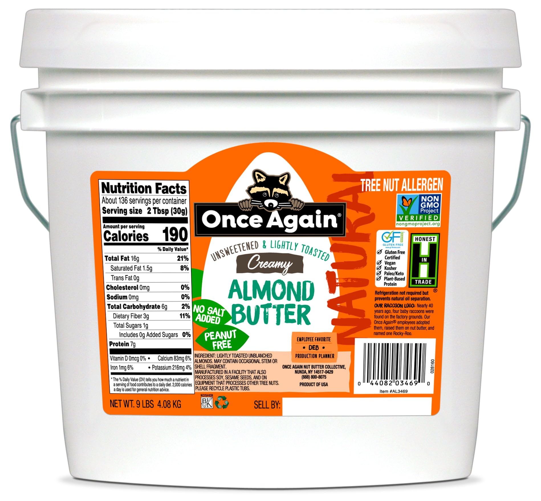 Product image of Once Again Creamy Natural Almond Butter Lightly Toasted Bucket Single Ingredient No Sugar No Palm Oil No