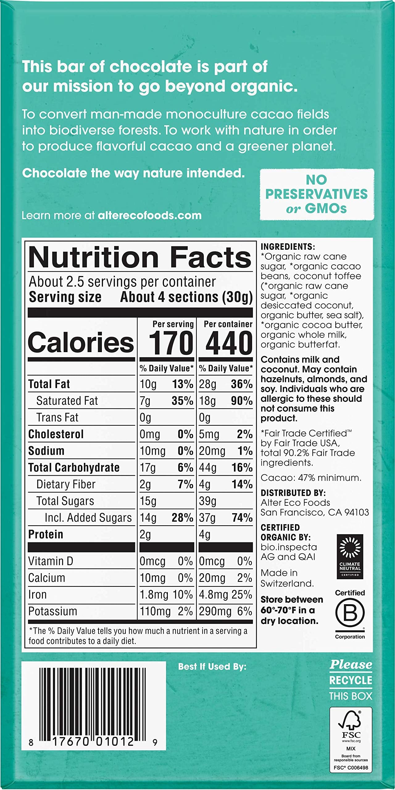 Product image of Alter Eco Dark Coconut Toffee Chocolate Bar 47% Cocoa Organic Single Bar 2.82 oz 2.82 oz
