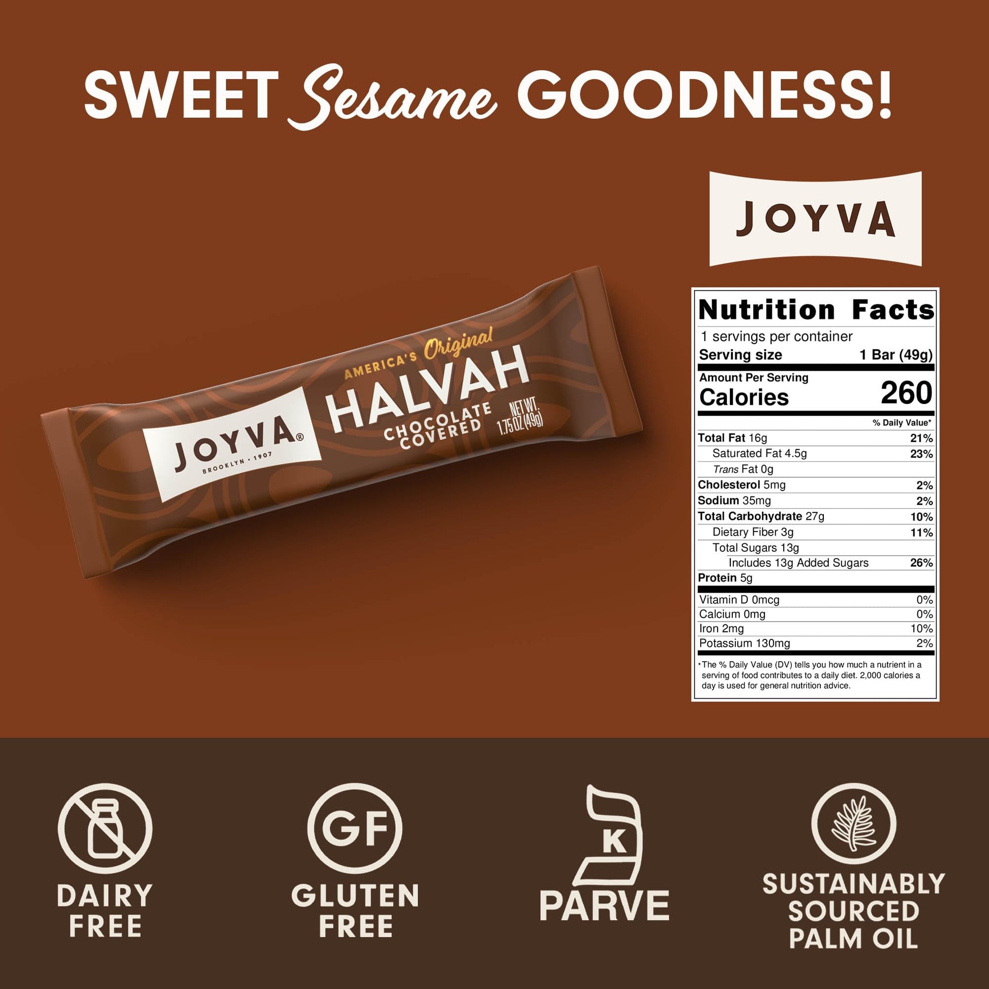 Product image of JOYVA Chocolate Covered Halvah Sesame Treat Dairy Free Gluten-Free Kosher Parve Handcrafted in Brooklyn 1.75