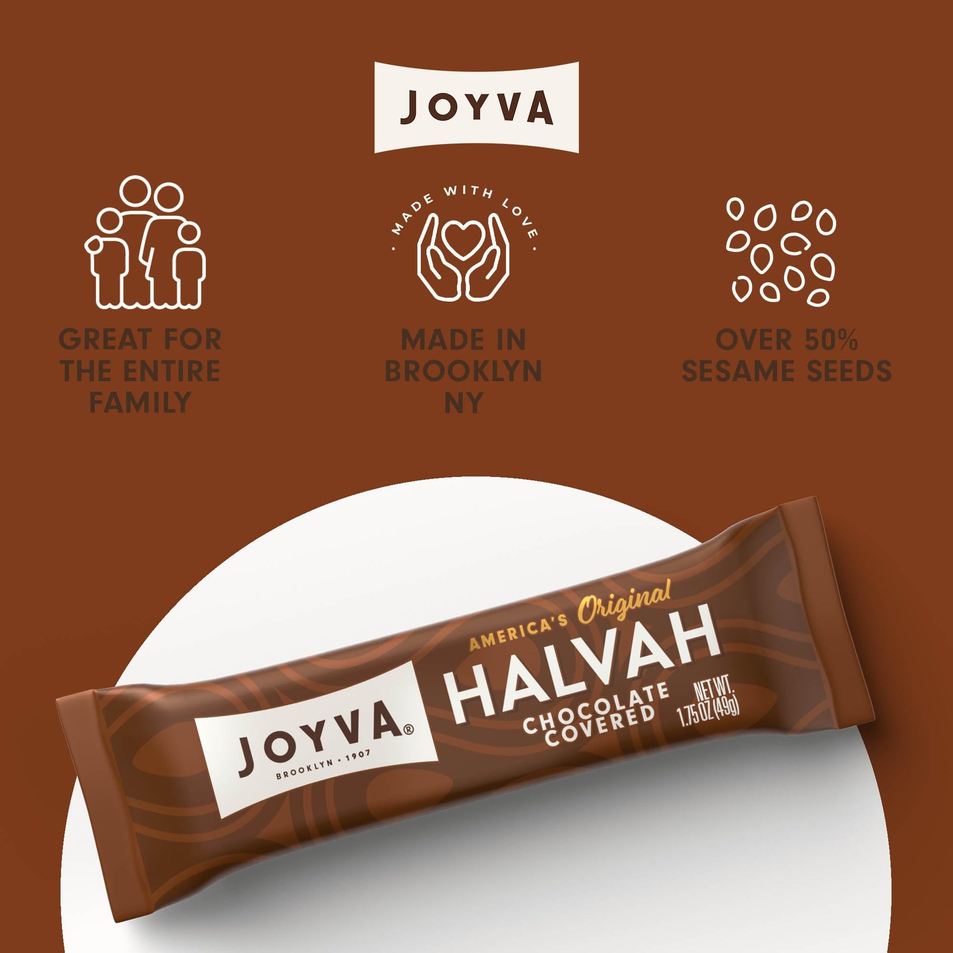 Product image of JOYVA Chocolate Covered Halvah Sesame Treat Dairy Free Gluten-Free Kosher Parve Handcrafted in Brooklyn 1.75