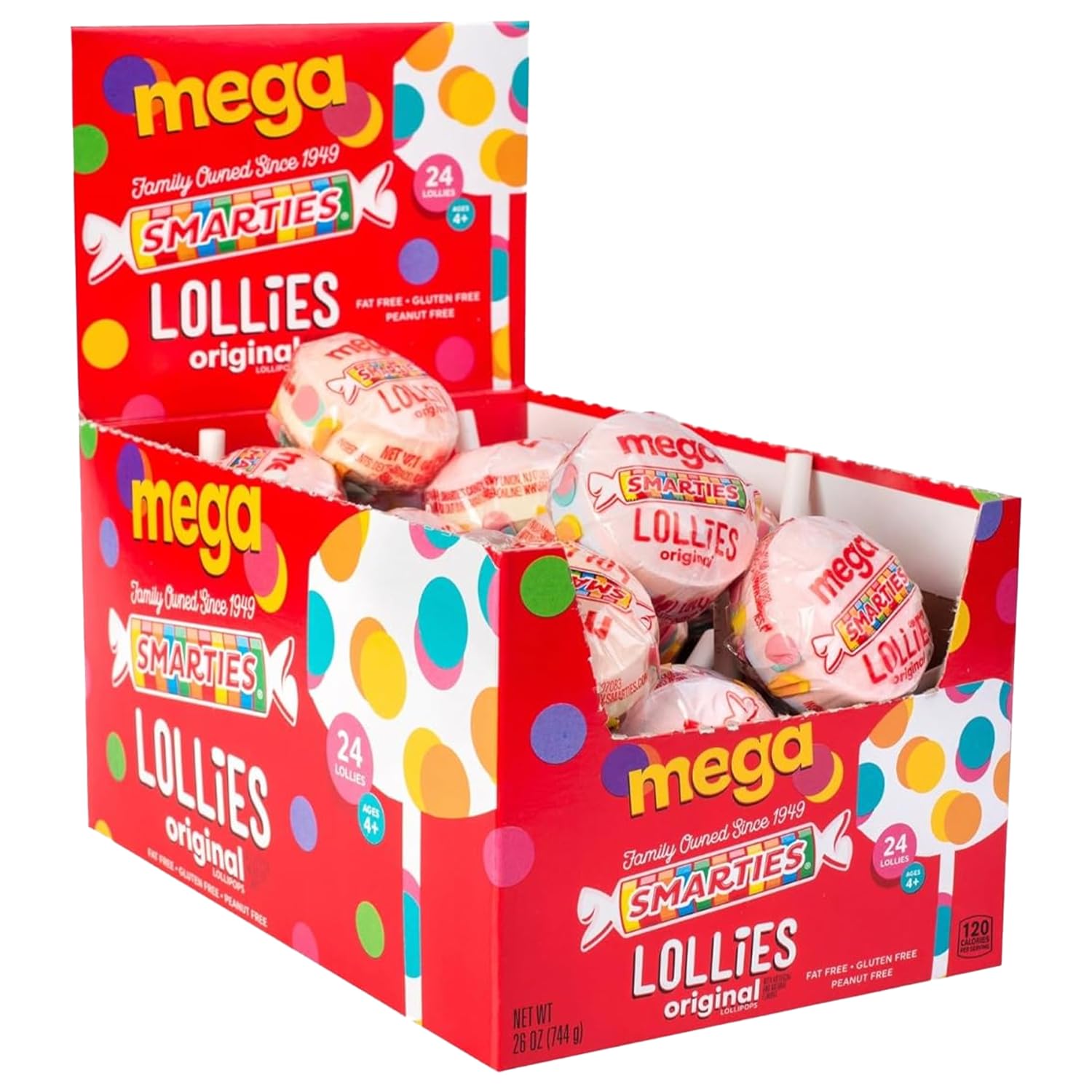 Product image of Smarties Double Lollies Mega Assorted Fruity Flavors Lollipops Box Gluten Free Peanut Free Fat Free Perfect